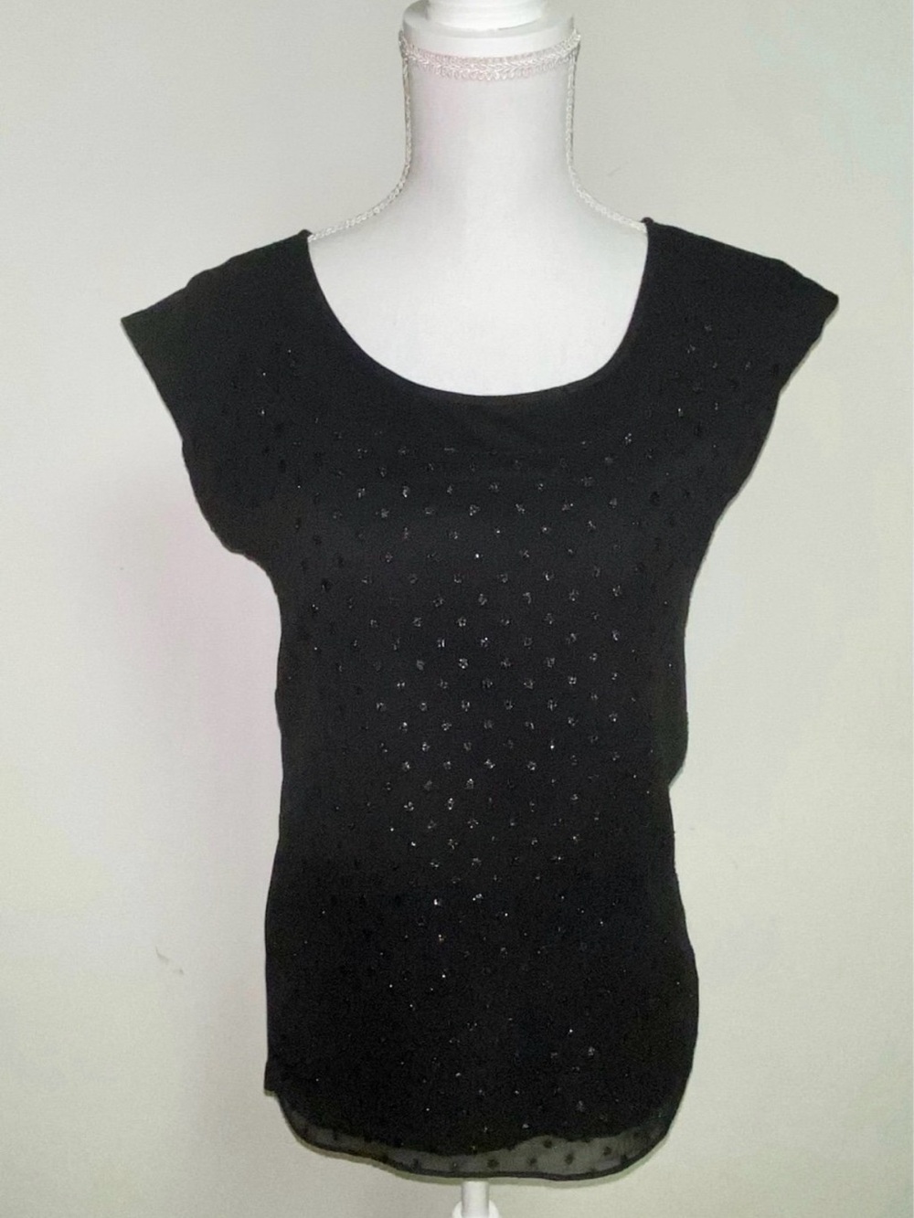 LOFT short sleeve top black sparkle semi-sheer layered blouse dressy womens XS